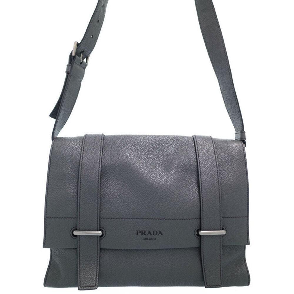 Prada grained leather messenger bag logo embossed Black
